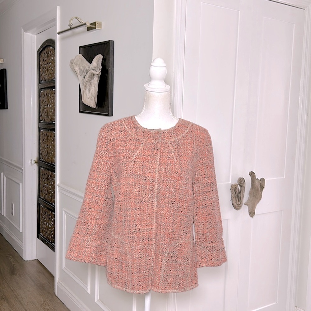 JJill Womens Tall Textured Open Front Jacket 34 Sleeve Cotton Blend Boho Chic‎ L